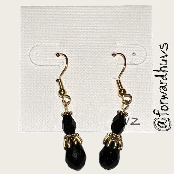 Bundle Sale 3 for $15 | Artisan Earrings – Black Faceted Beads – Gold-Tone Hooks - Picture 4 of 8